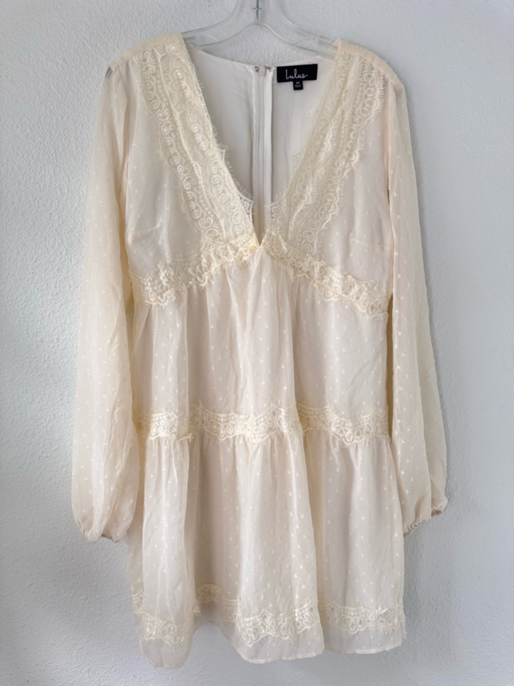 Lulu's Babydoll Mini Dress Swiss Dot Cream Long Sleeve Lace Tiered